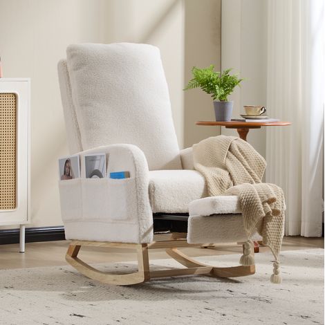 MODFU – Fauteuil bascule teddy – Dossier haut et poche latérale – Mousse haute densité et 136 kg – Chambre bébé – Blanc (1/5)
