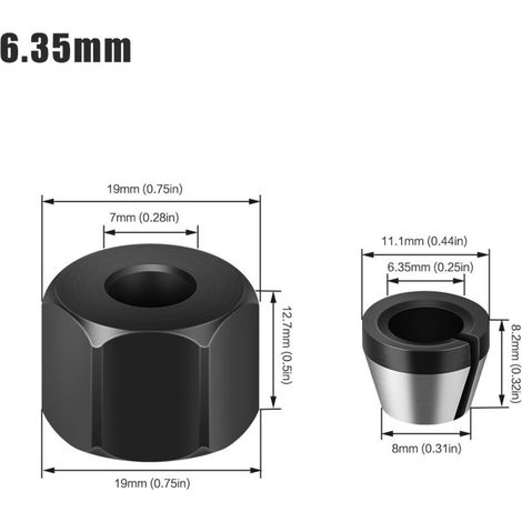 6,35-mm-Spannzangenfutter mit Mutter für Gravier-, Schneide-, Bit-Adapter, Oberfräsen und Fräswerkzeuge