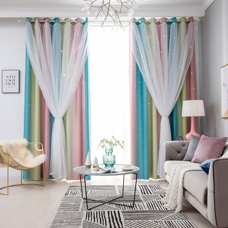 Rideaux occultants double couche à motif étoiles ajourées dégradé simple (2 pièces) pour chambre et salon. (1/2)