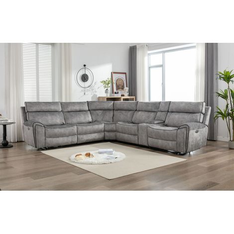 Power Corner Recliner Sofa Set Light Grey - 5 Seater With Cup Holders