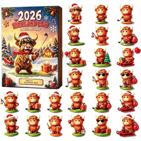 Calendrier de l'Avent Vache des Highlands, boîte surprise de Noël, figurine de collection en PVC G - Club de golf (1/4)