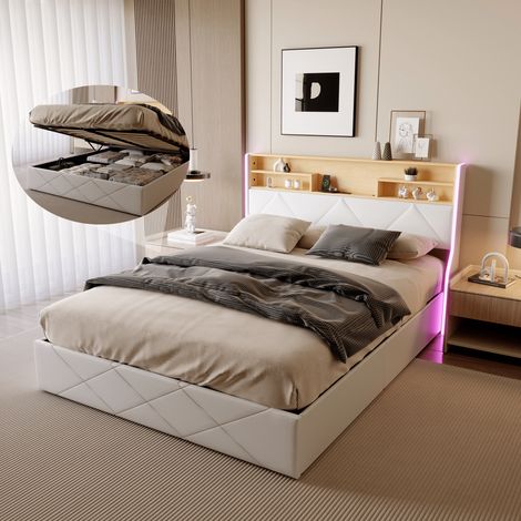 Lit coffre 140x200 cm avec rangement, Lit double capitonné avec éclairage LED réglable et ports USB, Sommier à lattes, Cuir PU, Blanc (1/5)
