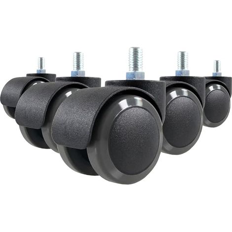 OFFICE 619007 Roulettes de chaise de bureau, Roues pour chaise de bureau ROLO M10/50 mm Noir avec filetage, Paquet de 5, Tige filetée 10 mm, Diamètre de la roue 50 mm, Convient pour planchers et tapis (1/3)