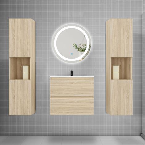 AICA Ensemble meuble de salle de bain Vasque 50cm + 2 tiroirs + lavabo + LED Miroir Rond 60cm + 2Colonne, Chêne (1/5)