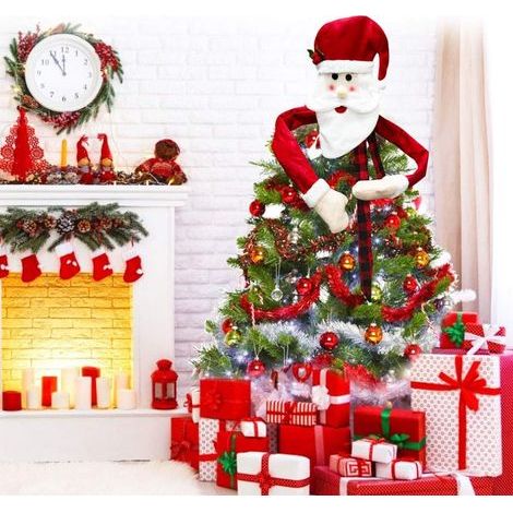 Arbre de Noël Topper avec Père Noël Decoration Cimier de Sapin de Noël en Tissu Chapeau d'Arbre de Noël Cime d'Arbre de Noël Decoration Arbre de Noël pour Fête de Noël, Décoration d'Intérieur (1/5)