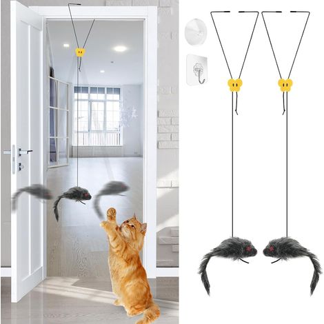 2pcs Porte Suspendue Souris Jouet Chat, Jouets Interactifs pour Chats, Souris Suspendue avec Corde Élastique et Bruit, Jouet Chaton en Intérieur pour Jeu Autonome, Jeux et Interactions, Gris (1/5)