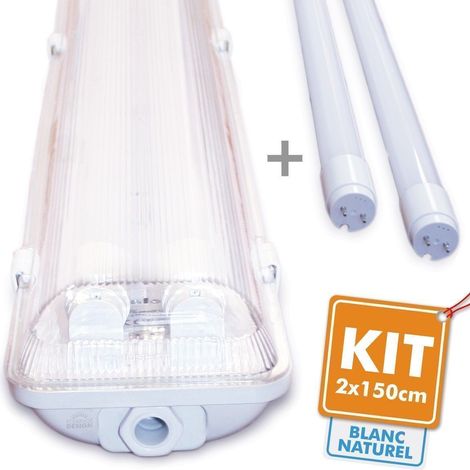 Arum Lighting – Kit de 2 tubes led 150cm 4000K – Boitier étanche IP65 – Flux lumineux 6500 lm – Alimentation 220V – Pour chantiers humides