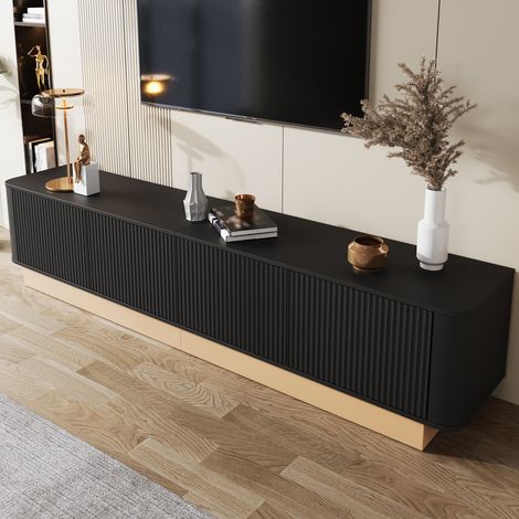 Meuble TV 200 cm bas Buffet TV moderne 4 portes, grand rangement pour salon, table media avec étagères réglables en hauteur, coins arrondis, style luxueux minimaliste, panneaux MDF (1/5)