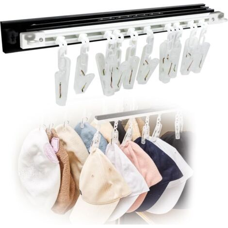 Pair Lntyq Porte Chapeau, Support Casquette Mural Hat Hooks avec 10 Clips Supports Autocollant pour étagère D'armoire Portechapeaux Push-Pull Pour Chapeaux, Chaussettes, Sous-VêTements,30cm