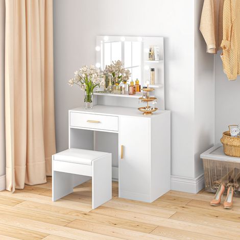 Schminktisch mit Hocker, LED-Spiegel, Schubladen, verstellbarem Regal und offenen Regalen fürs Schlafzimmer, Weiß