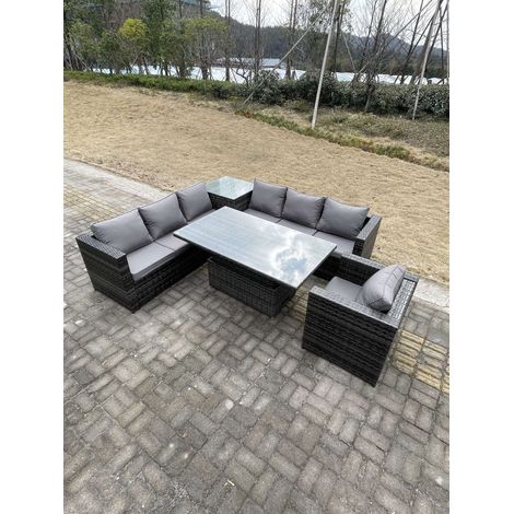 Fimous 7 Seater PE Rattan Corner Sofa Set Garden Furniture Rising Adjustable Dining Table Set High Side Coffee Table With Arm Chair (1/4)