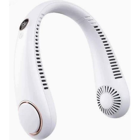 Ventilador de cuello sin aspas con correa de muñeca manos libres, rotación de 360°, pantalla digital, 5 velocidades ajustables (blanco). (1/5)