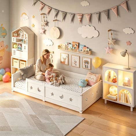 FOERPL-Lit au Sol Enfant 140x200 cm, Lit Montessori avec Barrière de Sécurité et Sommier à Lattes, Cadre de Lits Enfant en Bois Massif Renforcé de Pin, Lit d'enfant avec Étoiles-Lune