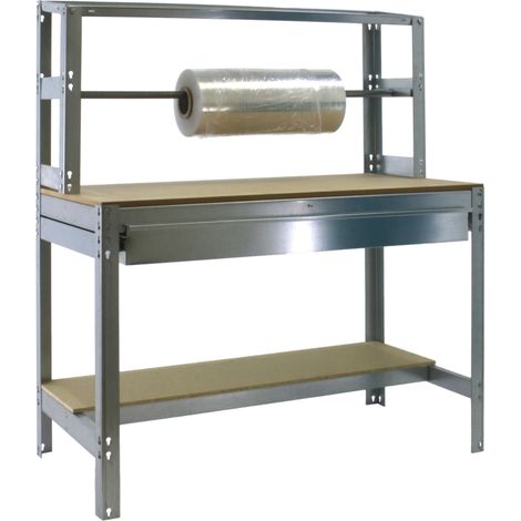 SimonRack Banco da Imballaggio con Cassetto Telescopico e Barra Porta-Rotoli – Portata 400 kg – 1445x910x760 mm – Tavolo Fai da Te – Zincato/Legno – BT-4