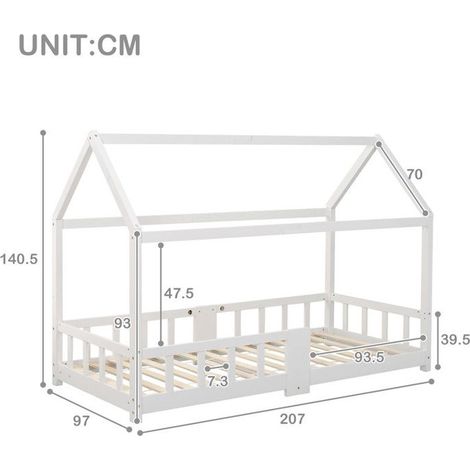 Lit cabane enfant 90 x 200 cm avec protection antichute et tableau noir,lit simple avec sommier à lattes pour enfant,blanc (1/5)