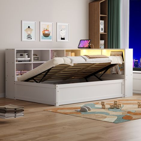 Cama individual moderna 90x200 cm de madera blanca, con cabecero LED, enchufe integrado y arcón hidráulico (1/5)