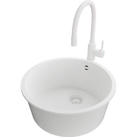 PRIMAGRAN Evier cuisine Granit Rond 46x46cm,Evier 1 bac + Robinet 38x14cm + Kit de Vidage, Lavabo Cuisine au meuble 50cm - La Valette Slim, Tout Blanc (1/5)