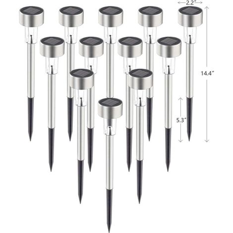 Lot de 12 lampes solaires pour allée, en acier inoxydable IP44, étanches, marche/arrêt automatiques, éclairages solaires extérieurs pour jardin, cour, terrasse, allée et allée. (Blanc froid) (1/5)