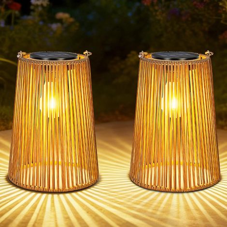 2 Lanterne Solaire, Rotin Tissé, LED Chaude, Étanche, Suspension ou Pose, Jardin, Terrasse
