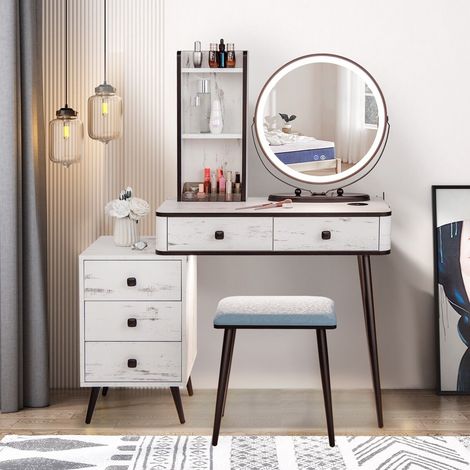 COSTWAY Vanity Table Set Makeup LED Lighted Mirror Dressing Desk w/Charging Station (1/5)