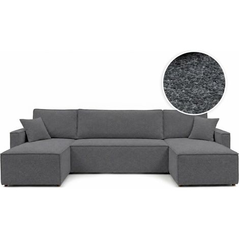 Canapé panoramique FARAH convertible 6 places avec rangement en tissu bouclette texturé gris foncé (1/5)