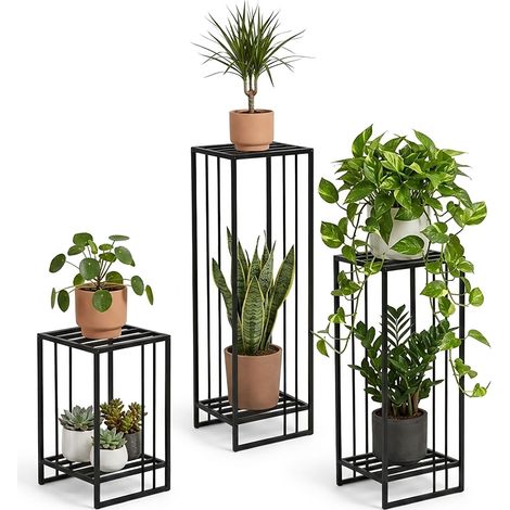 Stahl Blumenständer 3er Set Schwarz – Pflanzenständer Metall rechteckig 55/75/95 cm – Moderner Blumenhocker pulverbeschichtet, robust & pflegeleicht