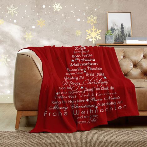 Couverture - Velours Corail - Imprimé Arbre De Noël Multilingue - Pour Canapé Ou Sieste - 72,6 x 101,6 cm - Rouge - 1 Pièce (1/5)