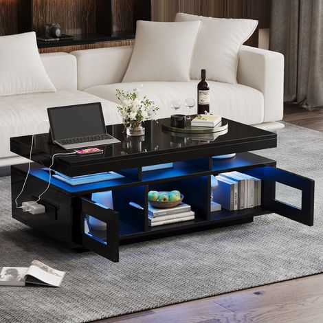 Tavolino da caffè fisso 100×50×43 cm, con illuminazione LED controllabile tramite app mobile, tavolino da soggiorno con armadio, presa di ricarica e porta USB - Nero (1/4)
