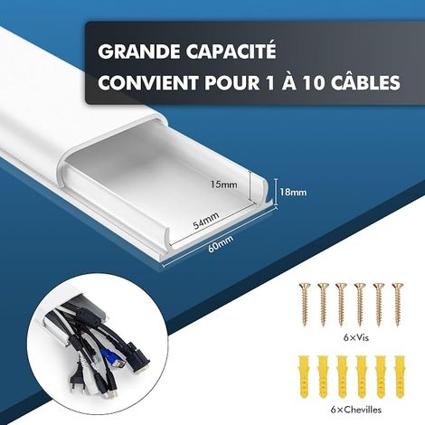 Goulotte TV 0.4m – Passe Cable PVC pour Cache-Câbles Mural, Cache Câbles, Goulotte Autocollante – installation de TV – 40cm x60mm x18mm - Blanc (1/4)