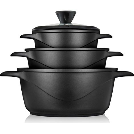 Briebe MGK-18S Batería de Cocina Inducción 6 Piezas Aluminio Fundido 3 Ollas con Tapa de Cristal Antiadherente  Negro (1/5)