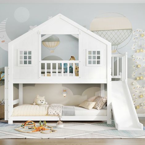Lit superposé 90x200cm blanc avec toboggan, fenêtres et toit décoratifs, sommier et marches solides, pin + MDF + contreplaqué, lit enfant (1/5)