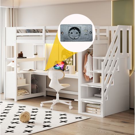 Cama alta de madera blanca 90x200 cm con escritorio, armario, escalera con almacenaje y LED