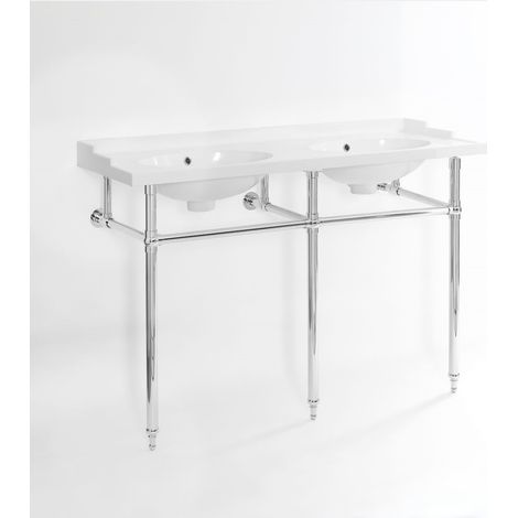 Hudson Reed – Lavabo sur colonne double vasque rétro 121cm – Céramique blanche émaillée – Pieds chromés – Porte-serviettes intégré (1/5)