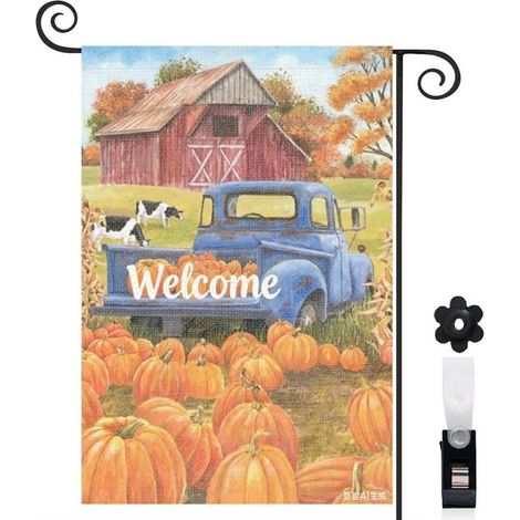 Drapeau de jardin décoratif 30 x 45 cm motif ferme et camion avec citrouilles toile double face pour saison automnale (1/5)