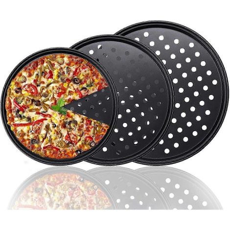 Ensemble de 3 moules à pizza ronds, matériau antiadhésif avec trous de ventilation - 24 cm, 28 cm, 32 cm - moules à pizza en acier au carbone, compatibles avec le four. (1/5)