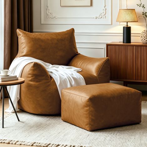 Divano a sacco ergonomico gigante per soggiorno, camera da letto o dormitorio, in tessuto tecnico marrone, non richiede montaggio. (1/5)