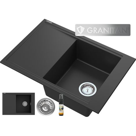 Évier en granit noir 1 bac avec égouttoir réversible LEPE 70x48 cm siphon inclus (1/5)