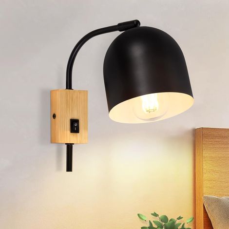 GBLY Wandspots Holz Wandleuchte mit Schalter - Wandlampe E27 Schwenkbar Wandstrahler Schwarz Metall Vintage Flurlampe Innen Kinderzimmer Wohnzimmer Schlafzimmer Treppe Flur Ohne Leuchtmittel