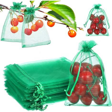 100 sacchetti protettivi per viti, 15 x 10 cm, sacchetti verdi con coulisse, rete da giardino per proteggere la frutta da uccelli, vespe e moscerini della frutta.