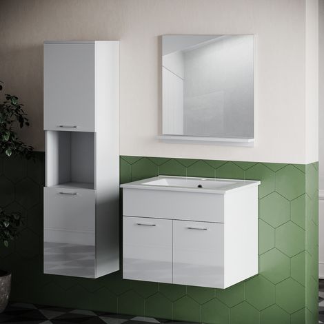 SONNI set di mobili da bagno con lavabo mobile alto largo 60 cm set di mobili da bagno bianco lucido (1/5)