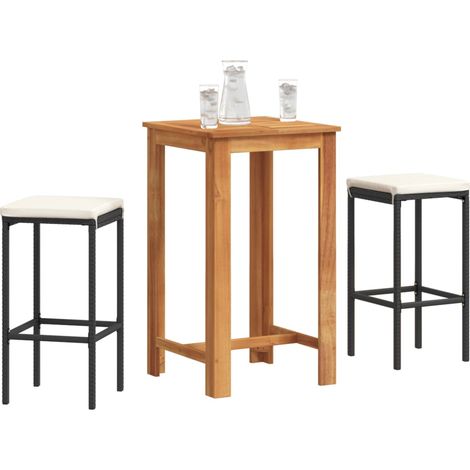 3-tlg. Gartenbar-Set Schwarz Massivholz Akazie und Poly Rattan