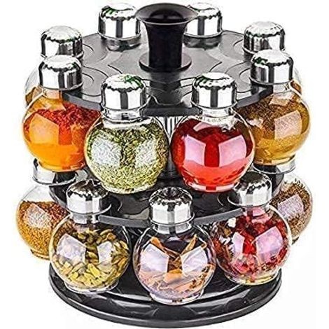 Grand porte-épices rotatif multifonctionnel - Ensemble de rangement 16 en 1 pour épices Étagère de rangement de cuisine robuste et durable (noir) (1/5)