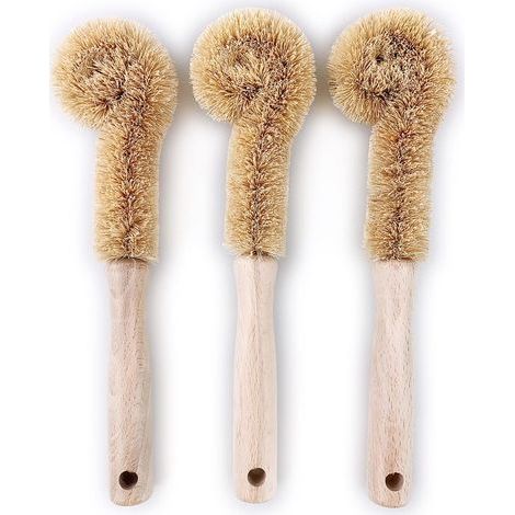 Juego de 3 cepillos de limpieza: cepillo para biberones, cepillo para leche, cepillo para tazas de café y cepillo para sartenes cabezal de fibra de coco natural, mango de madera maciza. (1/4)