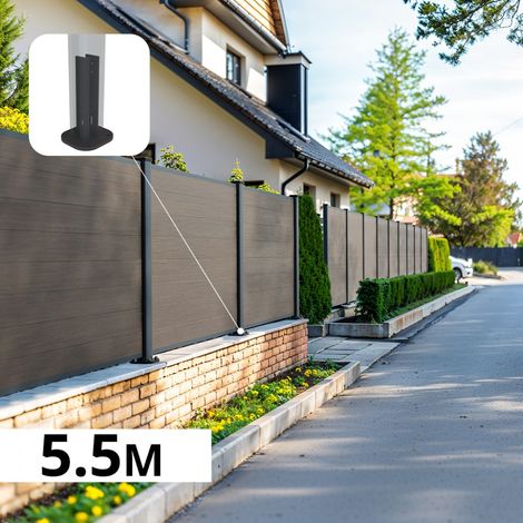 Kit Clôture Composite sur Muret CRUZ Argent 5,53x1,2m - Bois composite & Aluminium - Poteaux sur Platines Gris Anthracite - Brise vue