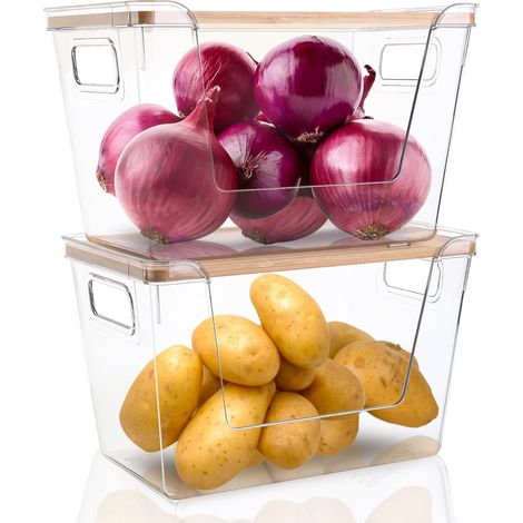 2 ensembles d'organisateurs et de stockage pour le garde manger, Conteneurs empilables pour pommes de terre, oignons, ail, fruits, légumes, Paniers de cuisine transparents avec couvercle