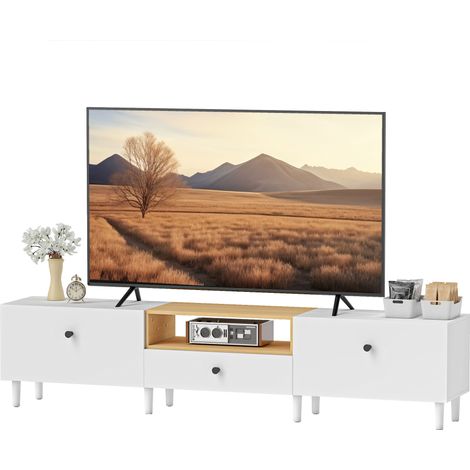 Meuble TV, meuble télé pour téléviseur jusqu'à 90 pouces avec 2 portes rabattables, tiroir, 200 x 35 x 45 cm, blanc (1/5)