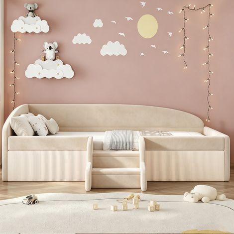 Lit enfant 90x190 cm avec marches et barrière de sécurité, en velours, beige, sans matelas (1/5)