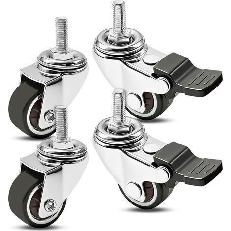 4 Roulettes pour meubles 25mm avec 2 freins, Roulettes Pivotantes pour Meubles Tige Fileté M6x15mm, silencieuses, antidérapantes, pour Chaise Pivotantes 360 degrés, Protéger Le Sol (1/5)