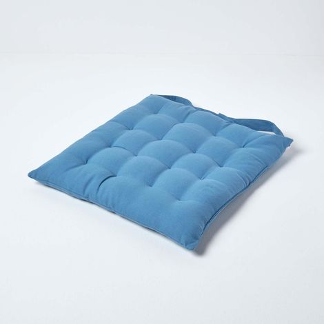 HOMESCAPES Airforce Blue Plain Seat Pad with Button Straps 100% Cotton 40 x 40 cm