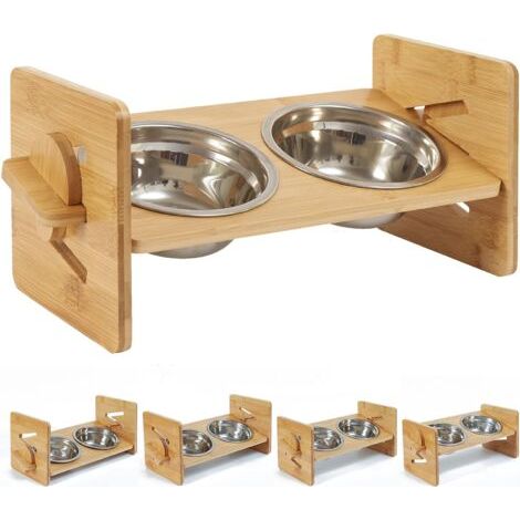 Unho – Gamelle surélevée pour chien et chat – Bol inox avec support en bambou réglable – Hauteur 31x17x16cm – Réduit les douleurs articulaires